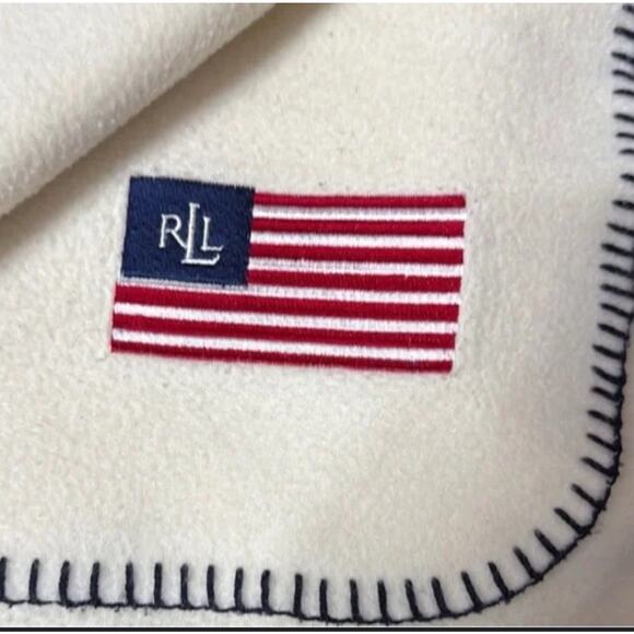 Ralph Lauren RLL Fleece Throw Blanket American Flag Logo Cream White 50x60 USA - Picture 2 of 13